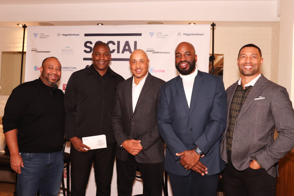 Ex-NY Knicks player John Starks and ex-NFL player Wale Ogunleye, with three Social4M members